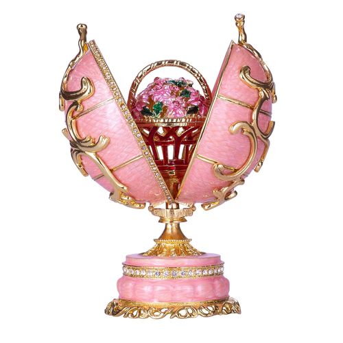 Oeuf à la Fabergé / boîte à musique Fleurs de printemps avec panier 16,5 cm, rose