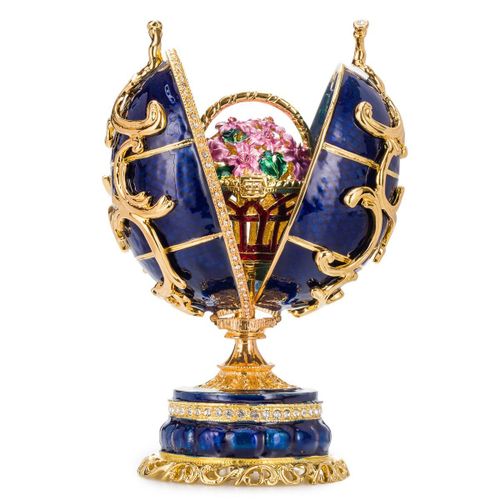 Oeuf à la Fabergé / boîte à musique Fleurs de printemps avec panier 16,5 cm, bleu
