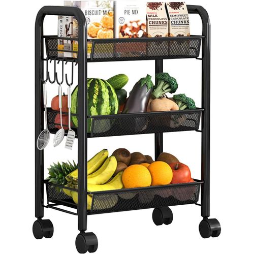 Asas-Chariot De Rangementmince Étagère À Légumes Pour La Cuisine Étagère À Légumes Sur Roues Porte-Légumes Chariot À Légumes,Noir,3 Tier