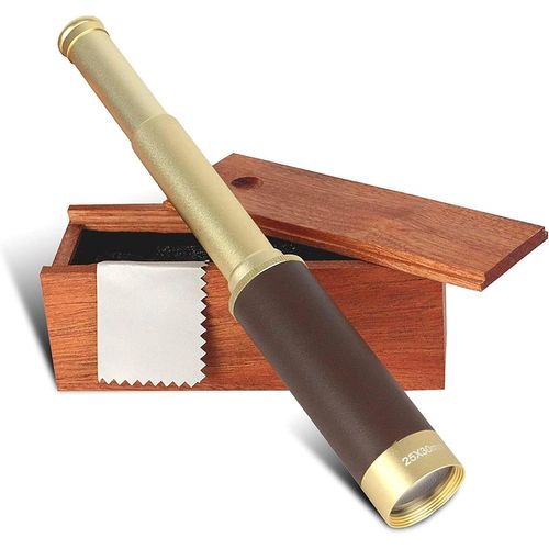 asas-Coffret Longue Vue Puissante-TélescopeMonoculaire-GrossissementX25-Lentille 30Mm-Randonnée,Chasse,Bateau,Observation Des Oiseaux Et Paysages-Boîte De Rangement Bois-33cm-Doré