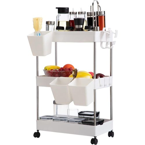 asas-Chariot De Rangement En À 3 Niveaux Chariot À Roulettes Avec Tasses Roulant Chariots De Service Pour Cuisine Salle De Bain Chambre Bureau,Blanc