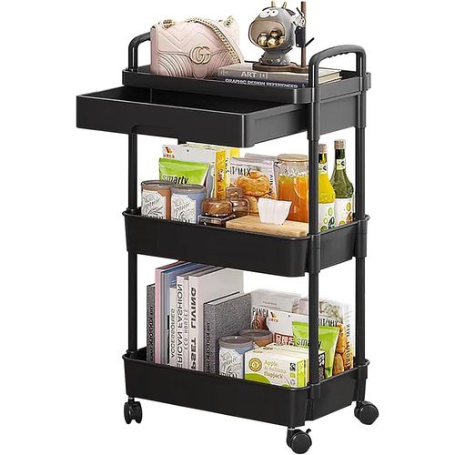 asas-Chariot De Rangement À 3 Étages Avec Poignée,Chariot De RangementMultifonction Avec Paniers En Filet Et Roues Verrouillables Pour Salle De Bain,Cuisine,Bureau,Salle De Classe (Noir)