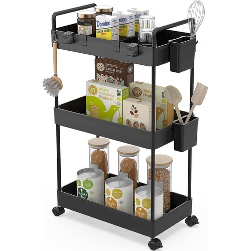 asas-Chariot De Rangement Slim,Organisateur De Rangement Pour Chariot Roulant À 3 Niveaux,Chariot De Rangement Sur Roulettes,Panier EnMaille Avec Poignées Ergonomiques,Noir,22X40X66Cm