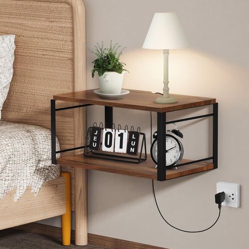 Asas-Étagères Flottantes En Bois Noir Etmétal-2 Niveaux-Table De Chevetmurale Pour Chambre À Coucher,Salon,Salle De Bain,Cuisine
