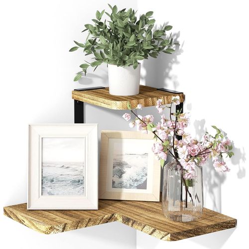 Asas-Étagère D¿Angle,Etagèresmurales Conçue Enmétal Et En Boismassif De Paulownia,Style Vintage Et Cottage Pour Chambre À Coucher,Salon,Salle De Bain Ou Cuisine,Noir Carbonisé