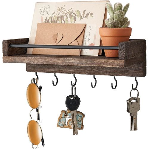 Asas-Porte-Clésmural,Accroche Clé,Crochet Clémural,Étagère Flottante En Bois Rustique Pour Entrée Ou Bureau Avec 6 Crochets Enmétal