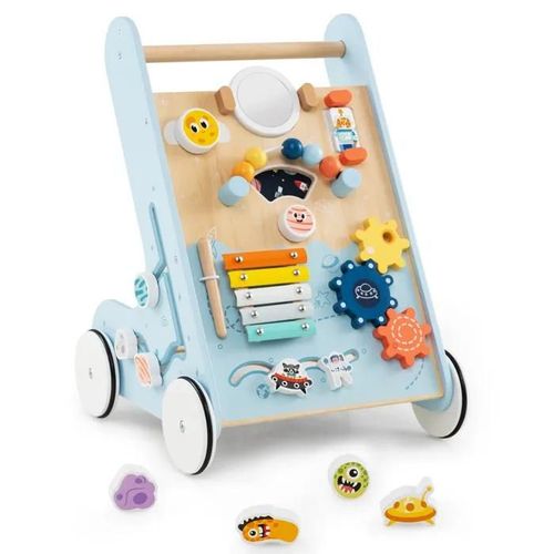 Costway Trotteur Chariot De Marche Sur Thème Spatial 8 En 1 Avec Miroir & Perles & Xylophone, Roues, 1an+, Jouet Montessori, Bleu