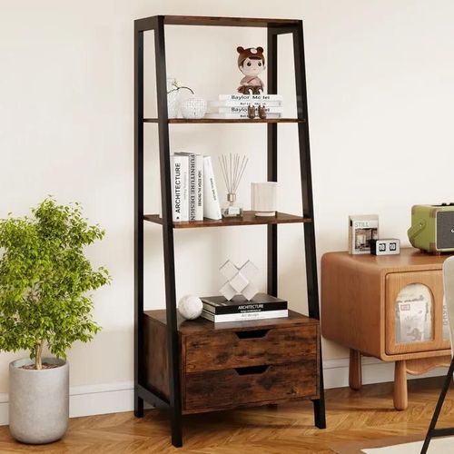 Costway Bibliothèque Échelle Autoportante 134 Cm, 4 Étagères Ouvertes, 2 Tiroirs, Pour Chambre Salon Bureau, Marron Rustique Noir