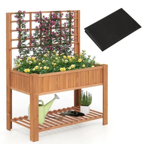 Jardinière Surélevée Avec Treillis Costway, Bois De Sapin, Doublure, Étagère De Rangement, Drainage, Pour Plantes Grimpantes,Marron