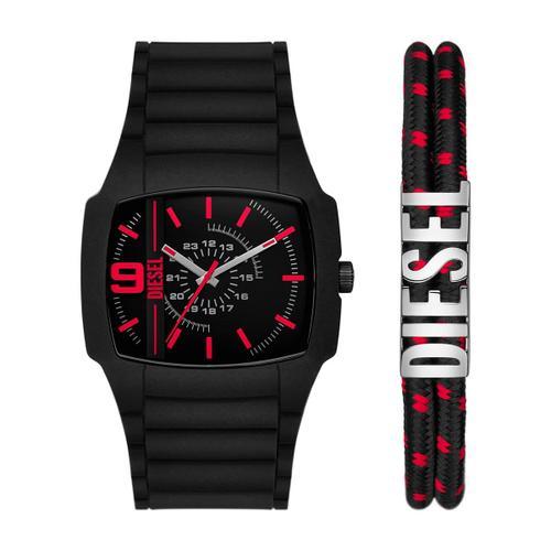 Coffret Homme Diesel Montre En Silicone Noir Etanche Et Bracelet