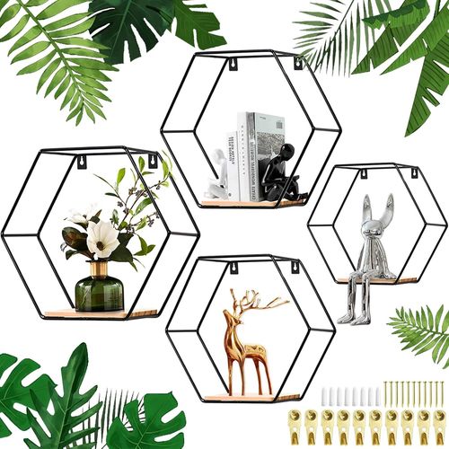 Asas-Étagèresmurales Hexagonales-Lot De 3 Avec Socle En Bois Etmetal Noir-Design Industriel Pour Petite Etagère