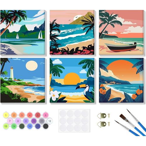 6 Pieces Painting By Numbers With Frame,Colorful Landscape For Adults And Children,Diy Craft With Brushes,20 X 20 Cm