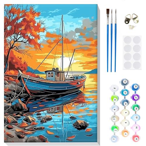 Adult Child Painting With Frame,Sunset Painting By Numbers Adult Ship,Diy Landscape Art Number Kits,Adult Crafts,For Home Decor,20 X 30 Cm