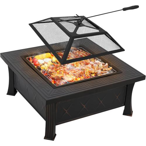 Brasero Exterieur, Foyer Barbecue 3 en 1 Carré avec Housse Étanche, Grille et Tisonnier Pare-étincelles, 81 x 81 x 51 cm