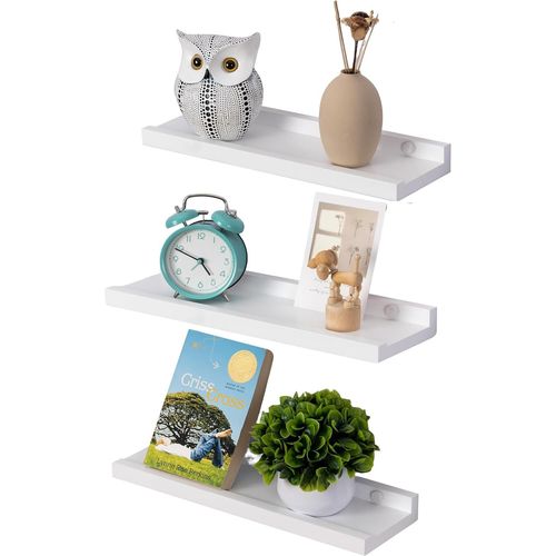 Lot De 3 Barres Murales En Bois Massif-Étagère Flottante-En Bois Rustique Avec Lèvre-Petite Bibliothèque-Pour Salon,Chambre À Coucher-Blanc-40 Cm (3p)