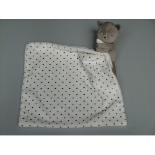 Doudou Chat Ours Gris Mouchoir Blanc Pois Obaïbi