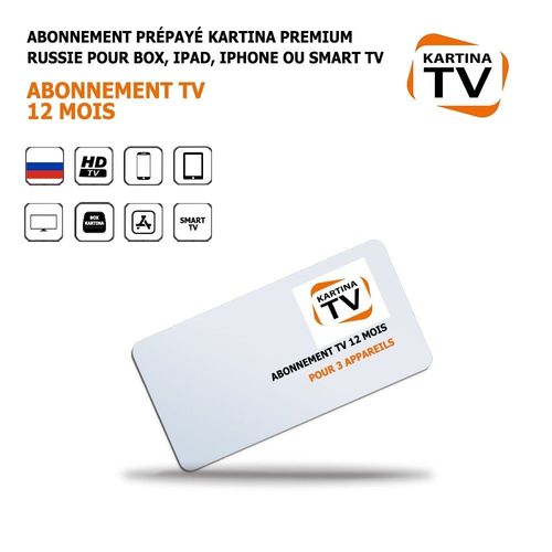 Abonnement Tv prépayé Kartina Premium Russie 12 mois pour Box, iPad, iPhone ou Smart TV, 150 Chaînes, jusqu'à 3 appareils, sans parabole