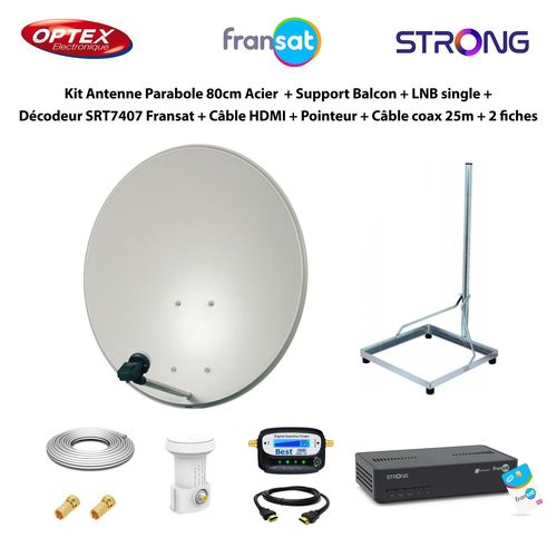 Kit Parabole 80cm Acier + Support Balcon + LNB Single + Décodeur SRT7407 Fransat + Câble HDMI + Pointeur + Câble Coax 25m + 2 fiches