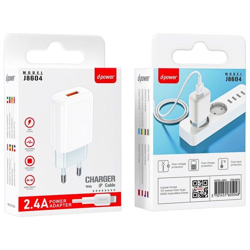 Cable Lightning (Iphone / Ipad) + Chargeur 2.4a Blanc De D-Power Référence J86