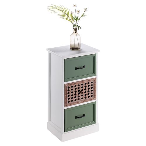 Chiffonnier Fiona Petite Commode Avec 3 Tiroirs, Style Ethnique, En Bois De Paulownia Blanc Et Vert