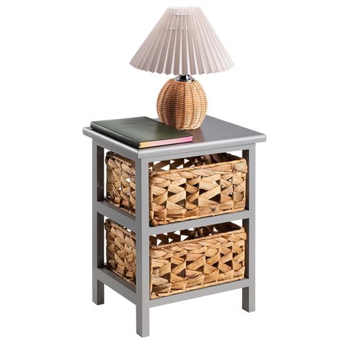 Table De Chevet Arbo Petite Commode De Nuit En Bois De Paulownia Gris, Avec 2 Paniers En Jacinthe D'eau, Style Maison De Campagne