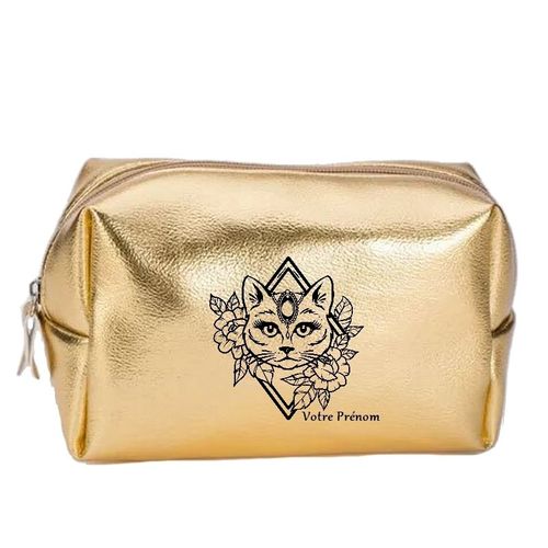 Grande trousse de maquillage doree pochette Chat fleur personnalisee