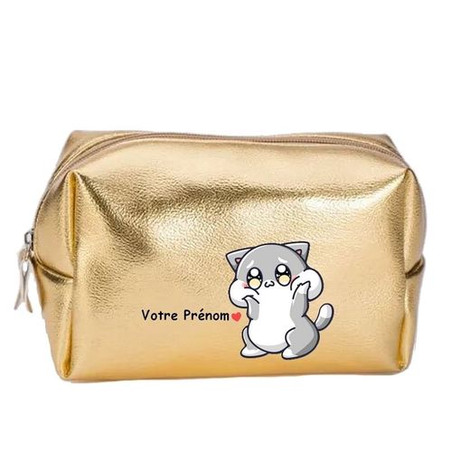 Grande trousse de maquillage doree pochette Chat kawaii personnalisee