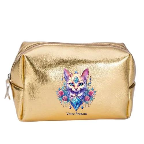 Grande trousse de maquillage doree pochette Chat talisman personnalisee