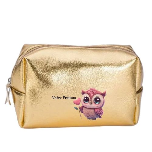 Grande trousse de maquillage doree pochette Chouette fleur personnalisee