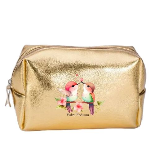 Grande trousse de maquillage doree pochette Colibri et coeur personnalisee