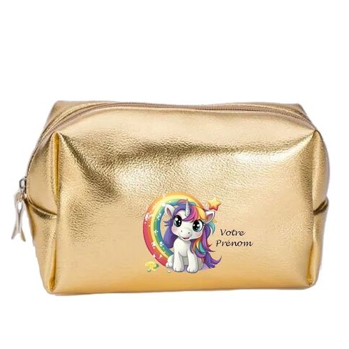 Grande trousse de maquillage doree pochette Licorne arc en ciel personnalisee