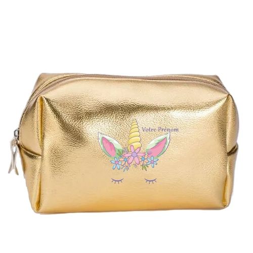 Grande trousse de maquillage doree pochette Licorne et fleur personnalisee