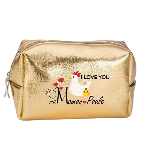 Grande trousse de maquillage doree pochette Maman poule personnalisee