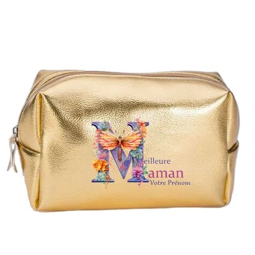 Grande trousse de maquillage doree pochette Meilleure maman et papillon personnalisee