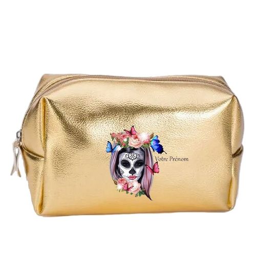 Grande trousse de maquillage doree pochette Tete de mort calavera et papillon personnalisee