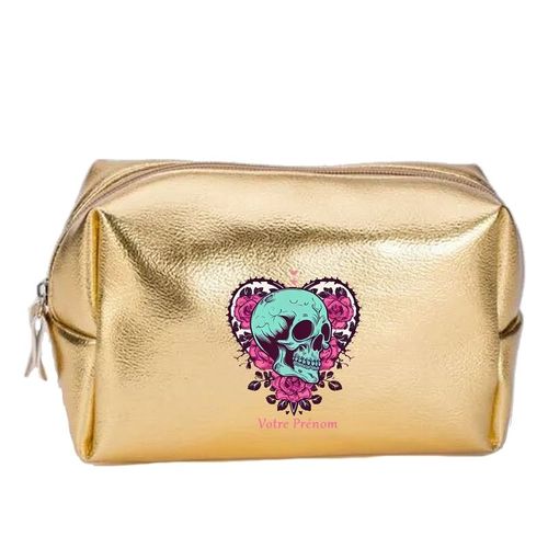 Grande trousse de maquillage doree pochette Tete de mort et coeur personnalisee