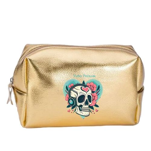 Grande trousse de maquillage doree pochette Tete de mort music personnalisee