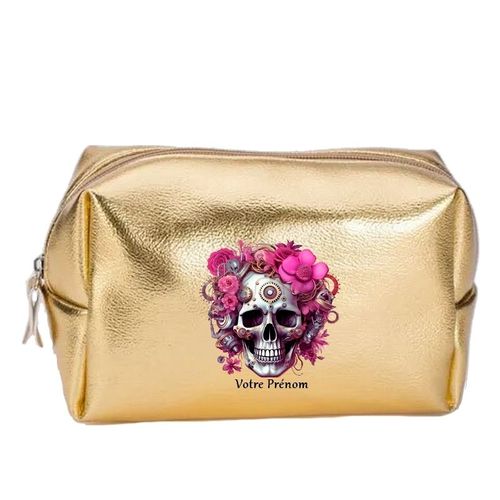 Grande trousse de maquillage doree pochette Tete de mort steampunk personnalisee