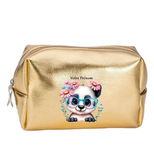 Grande trousse de maquillage doree pochette Panda lunettes personnalisee
