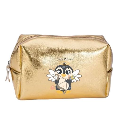 Grande trousse de maquillage doree pochette Pingouin et coeur personnalisee