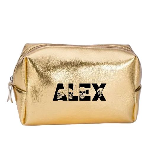 Grande trousse de maquillage doree pochette avec votre prenom tete de mort personnalisee
