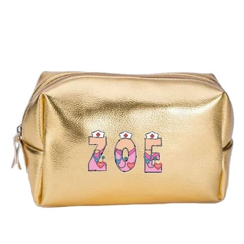 Grande trousse de maquillage doree pochette avec votre prenom infirmiere personnalisee