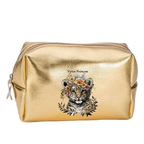 Grande trousse de maquillage doree pochette Tigre boho personnalisee
