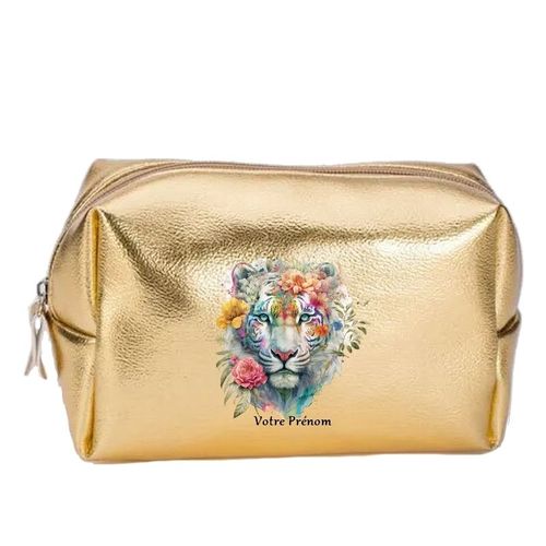 Grande trousse de maquillage doree pochette Tigre fleur personnalisee