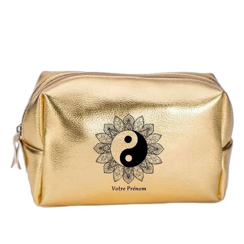 Grande trousse de maquillage doree pochette Yin yang et mandala personnalisee