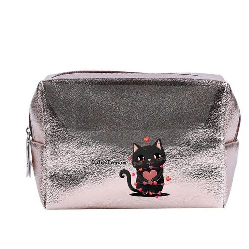 Grande trousse de maquillage Rose gold pochette Chat noir personnalisee