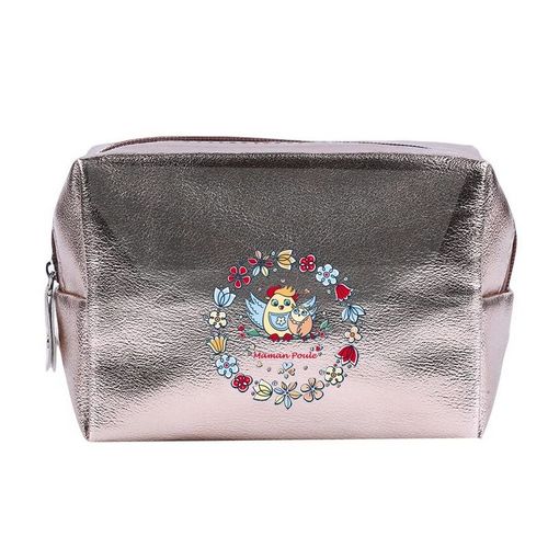 Grande trousse de maquillage Rose gold pochette Maman poule et fleur personnalisee