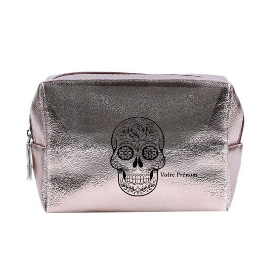 Grande trousse de maquillage Rose gold pochette Tete de mort mexicaine noire personnalisee