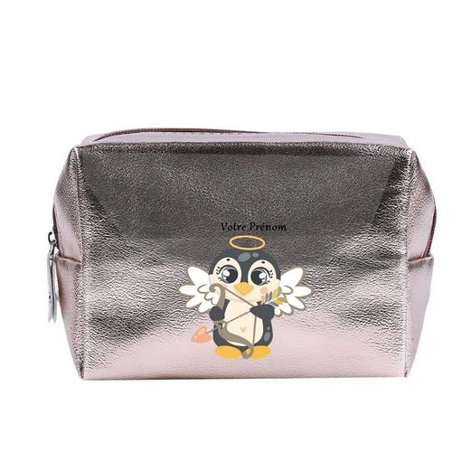 Grande trousse de maquillage Rose gold pochette Pingouin et coeur personnalisee