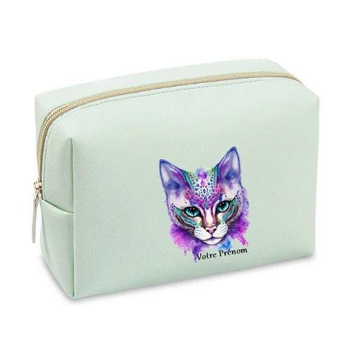 Grande trousse de maquillage Vert pastel pochette Chat pastel personnalisee